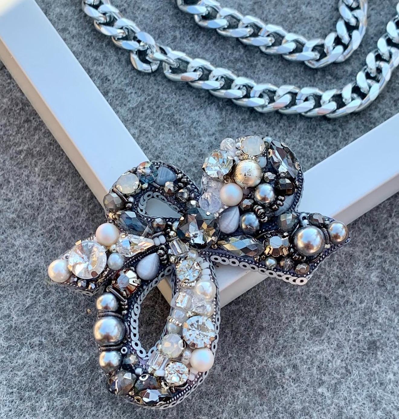 Handmade Crystal Bow Brooch: Beaded Pearl Silver Statement Pin