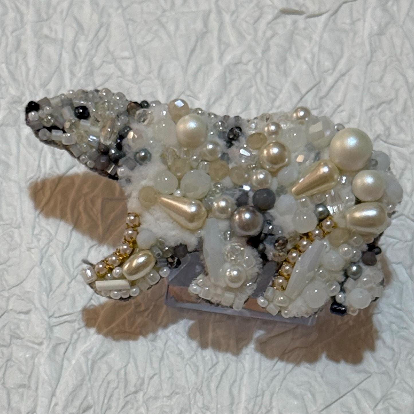 Handmade Polar Bear Brooch: Beaded Crystal Arctic Animal Jewelry