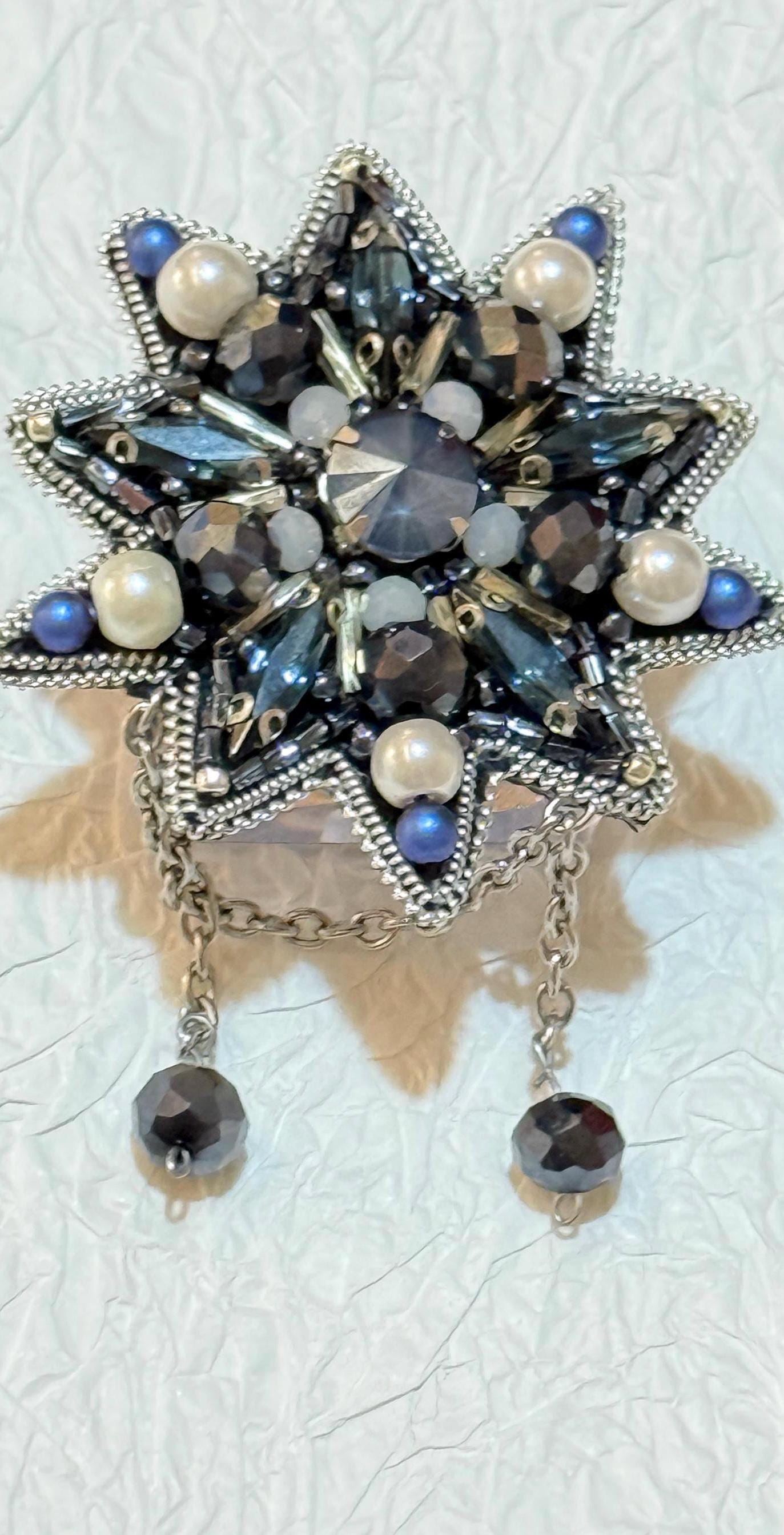 Handmade Blue Star Brooch: Crystal & Pearl Beaded Statement Jewelry