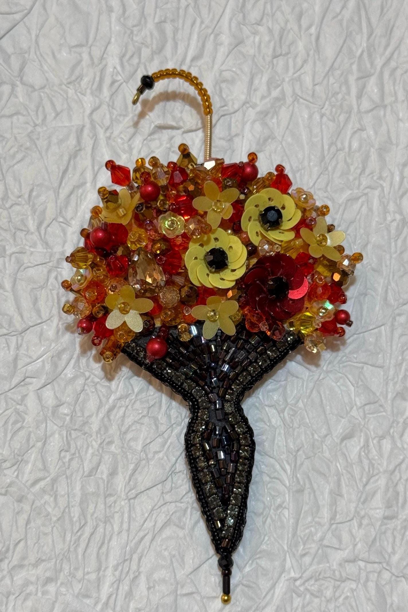 Handmade Floral Umbrella Brooch: Beaded Sequin Statement Jewelry