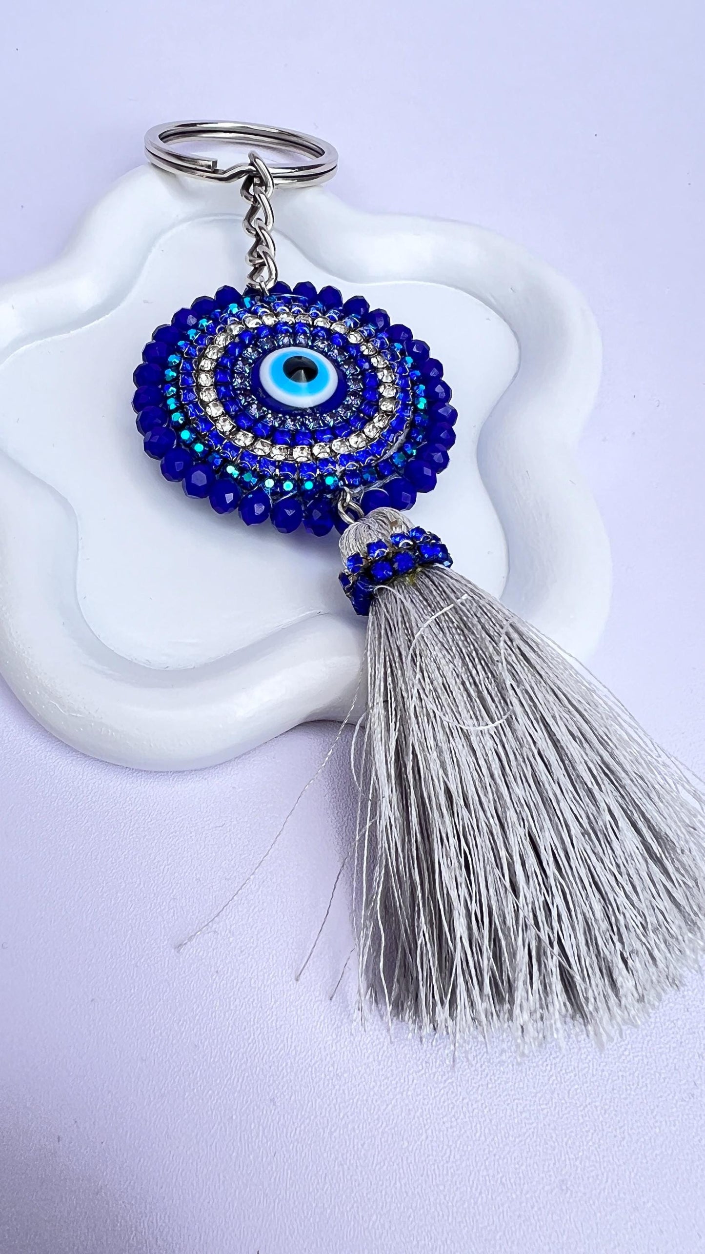 Handmade Evil Eye Car Key Ring with Tassel | Blue Crystal Keychain Charm