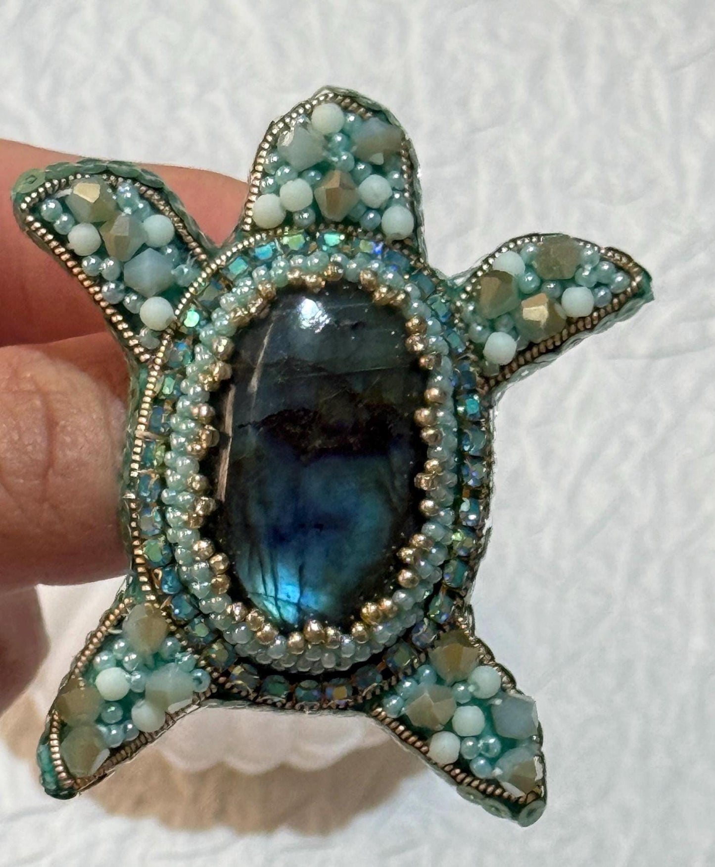 Handmade Beaded Turtle Brooch with Labradorite Stone | Ocean-Inspired Jewelry Gift | Unique Nature-Inspired Accessories