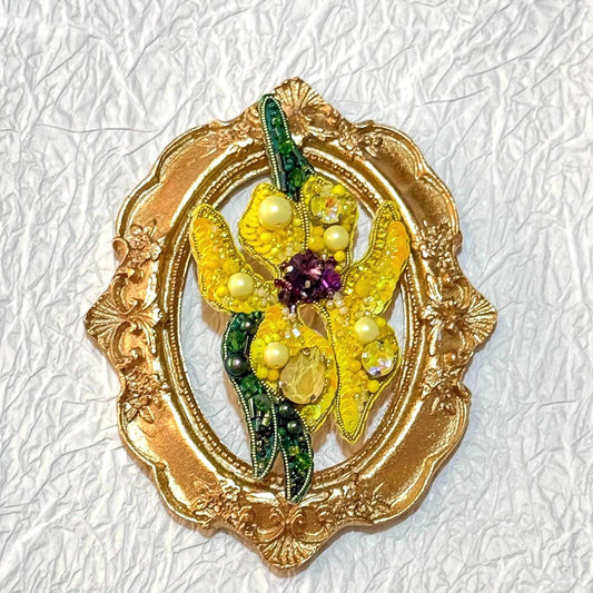 Handcrafted Beaded Iris Brooch: Yellow Floral Pin with Crystals