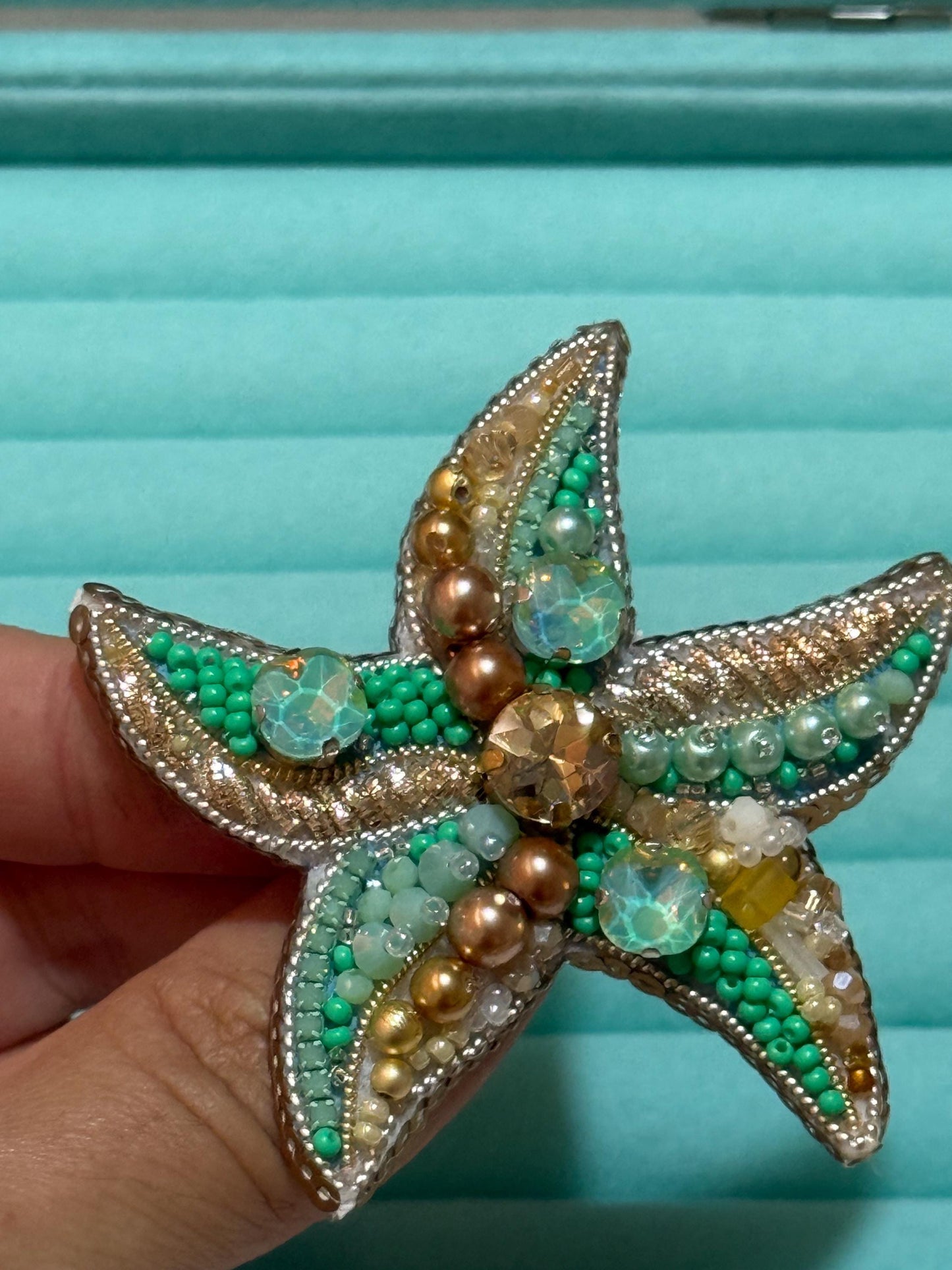 Handmade Starfish Brooch Beaded Pin in Turquoise Gold | Ocean-Inspired Jewellery | Summer Beach Gift | Coastal Fashion Accessory