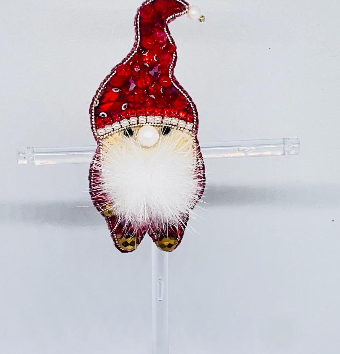 Handmade Christmas Gnome Brooch, Beaded Red Santa Pin, Festive Jewelry
