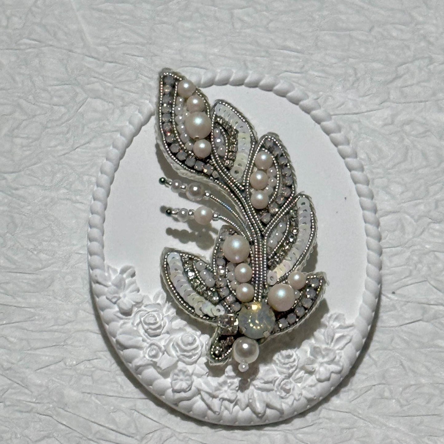 Handmade Beaded Feather Brooch: Pearl & Crystal Wedding Pin