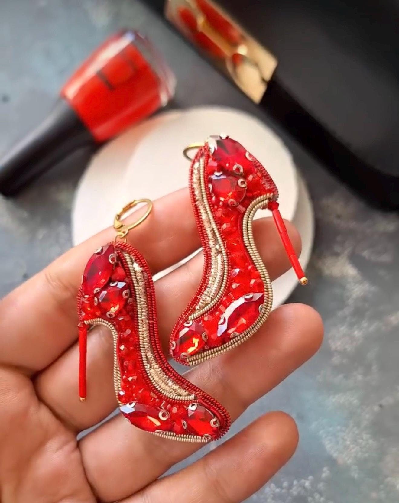 Handmade Red Stiletto Earrings: Beaded High Heel Jewelry