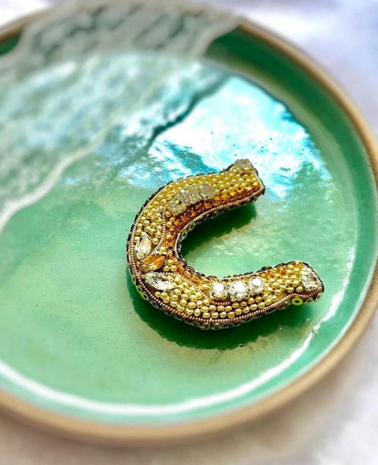 Handmade Beaded Horseshoe Brooch: Gold Crystal Lucky Charm Pin