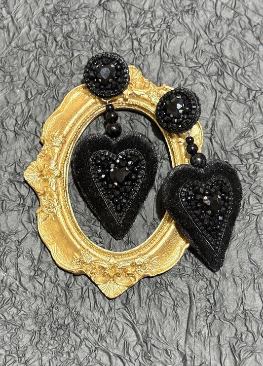 Handmade Black Velvet Heart Dangle Earrings: Gothic Beaded Jewelry