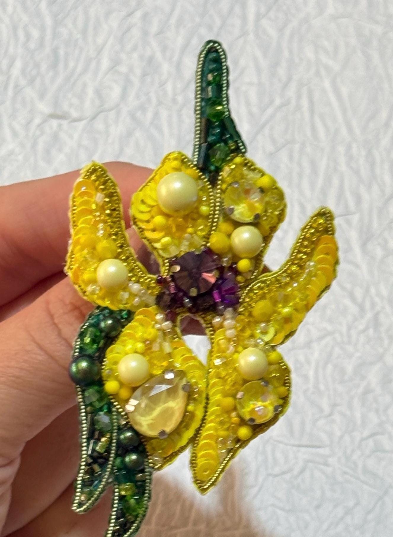 Handcrafted Beaded Iris Brooch: Yellow Floral Pin with Crystals