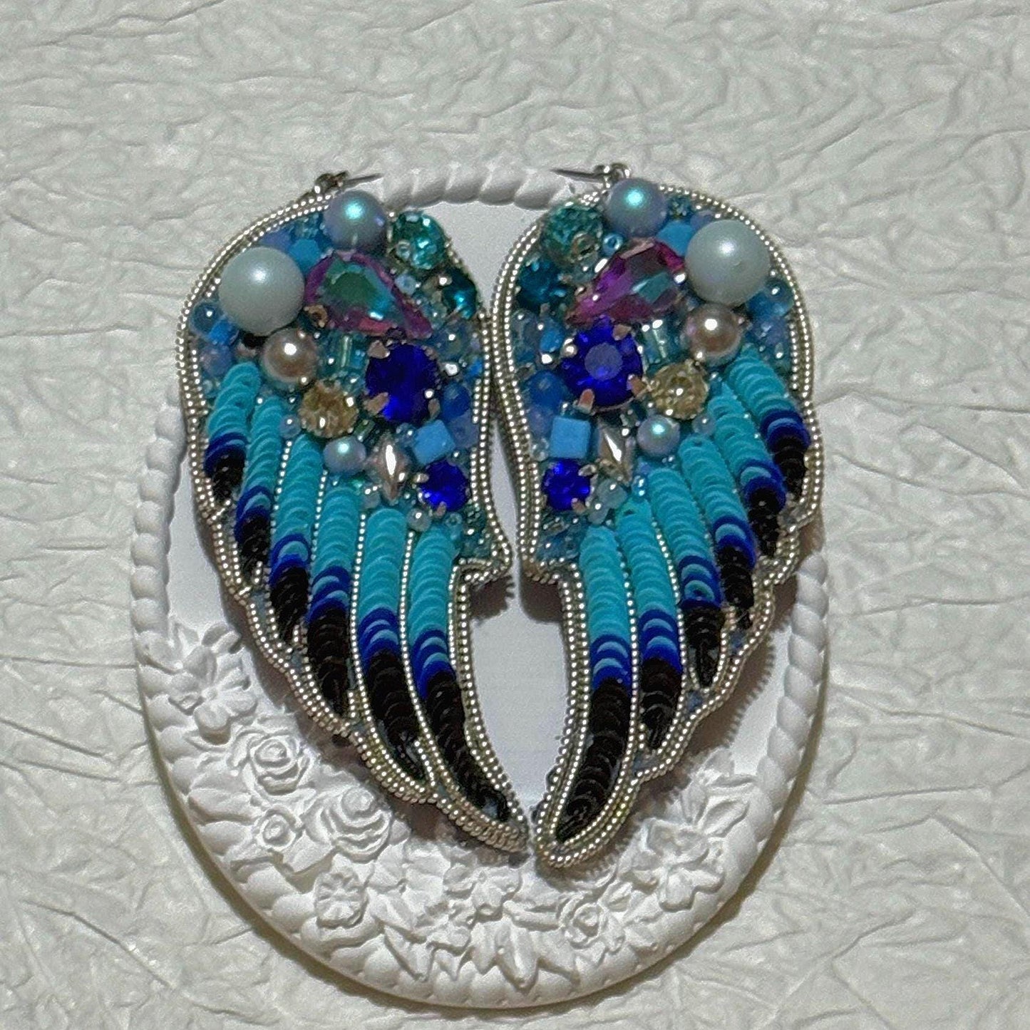 Handmade Beaded Angel Wing Earrings: Blue Crystal Statement Jewelry