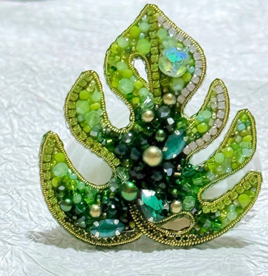 Handmade Green Leaf Brooch: Beaded Crystal Jungle Plant Pin