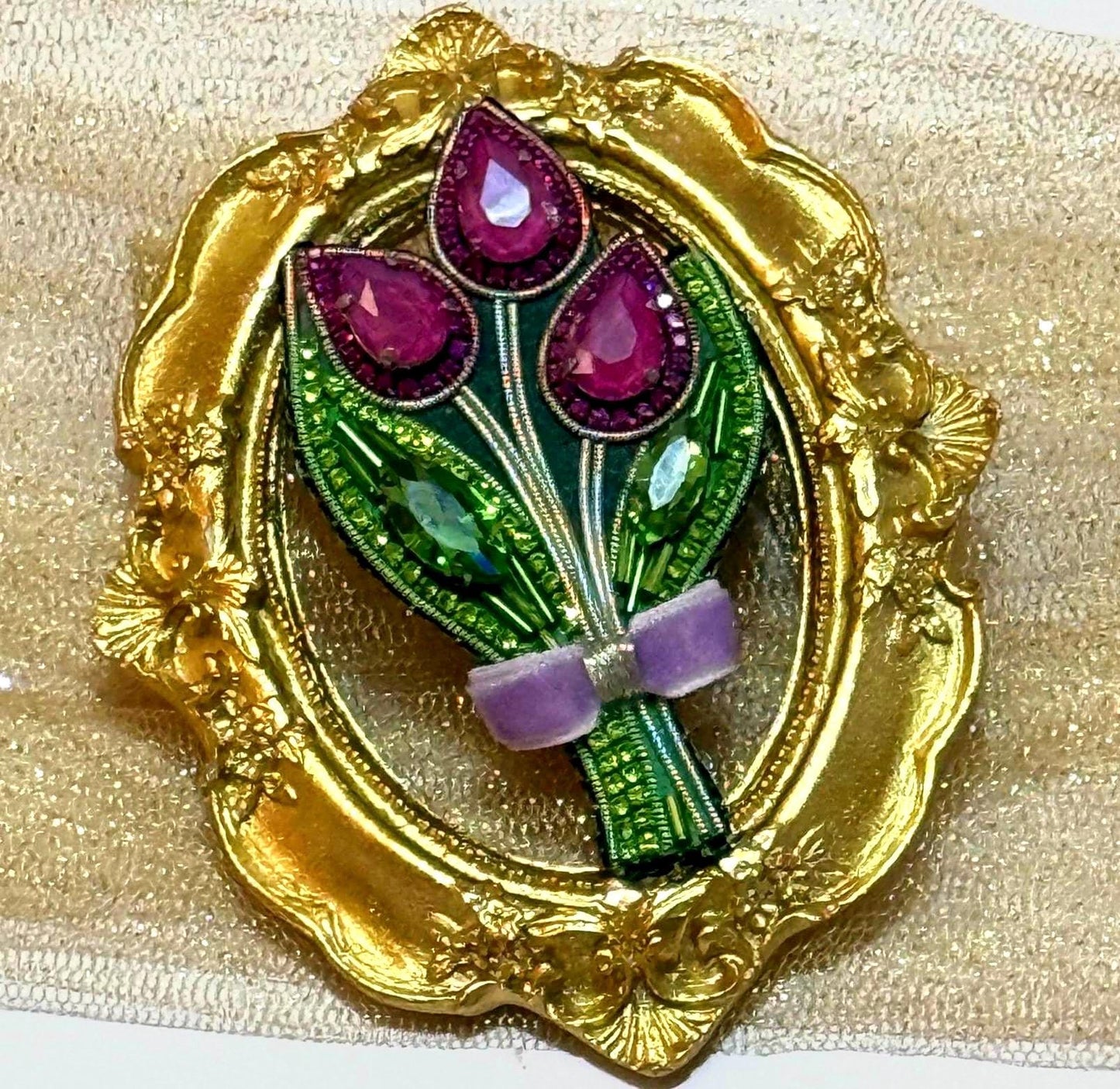 Handmade Beaded Tulip Brooch: Crystal Velvet Flower Pin