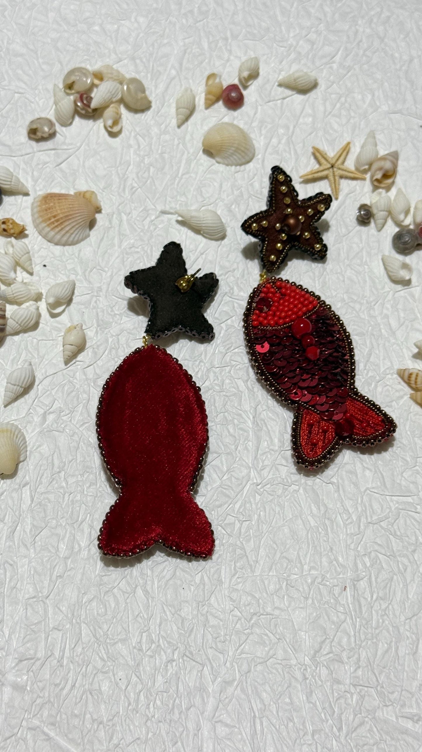 Handmade Beaded Fish Earrings: Red Sequin Starfish Dangle Jewelry