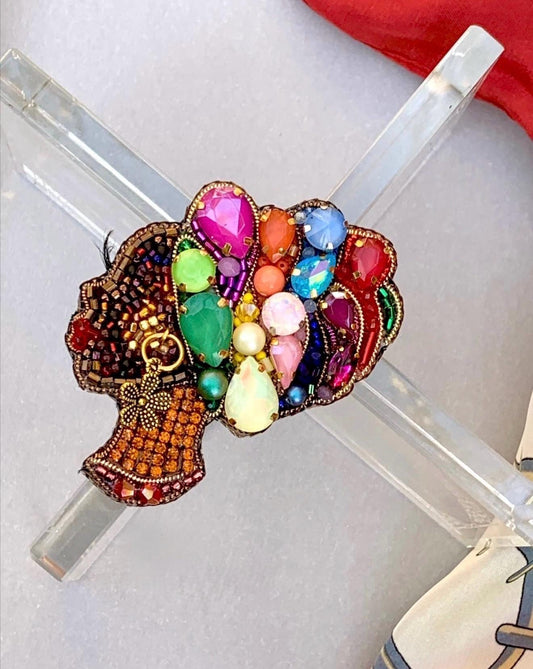 Handmade Beaded African Woman Brooch – Crystal Pearl Statement Pin