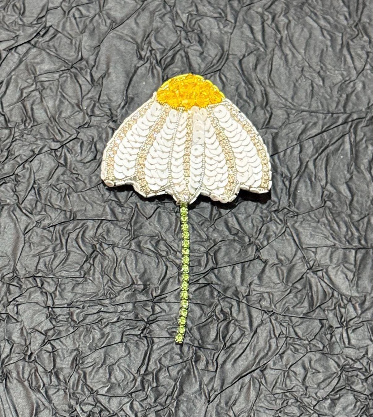 Handmade Beaded Chamomile Brooch: Sequined Floral Pin