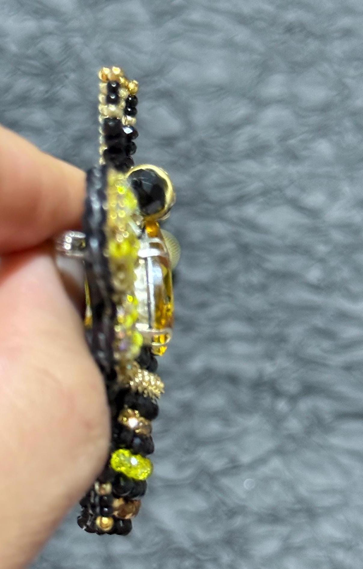 Handmade Beaded Bee and Crown Brooch Set: Yellow Crystal Pins
