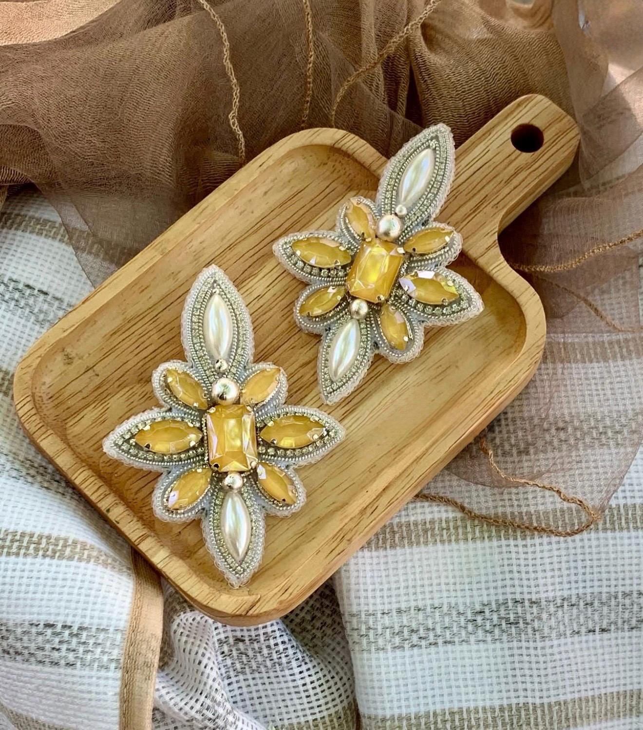 Handmade Beaded Flower Earrings, Yellow Gem Pearl Dangles