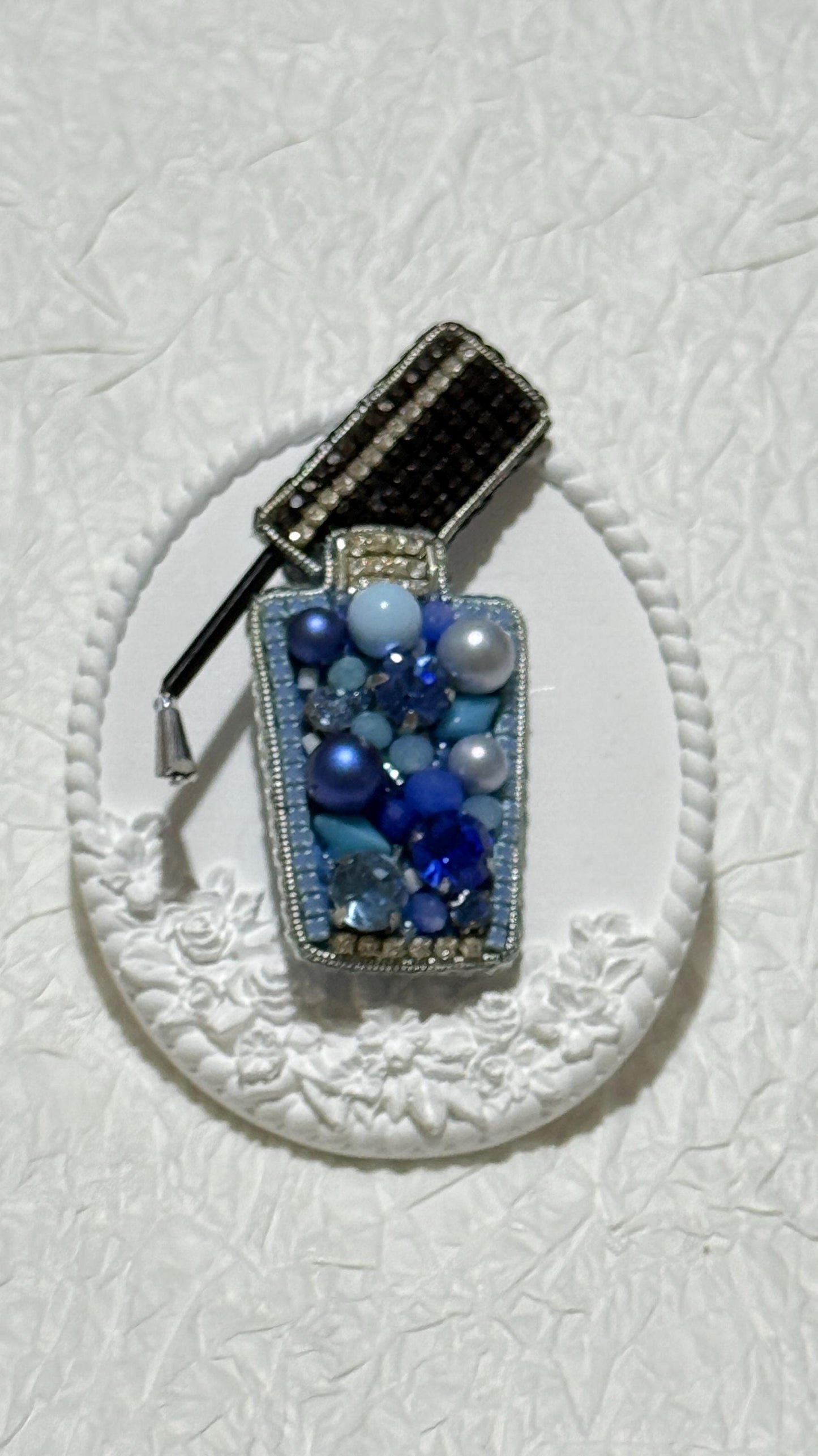 Handmade Blue nail polish Bottle Brooch: Beaded Crystal Pin