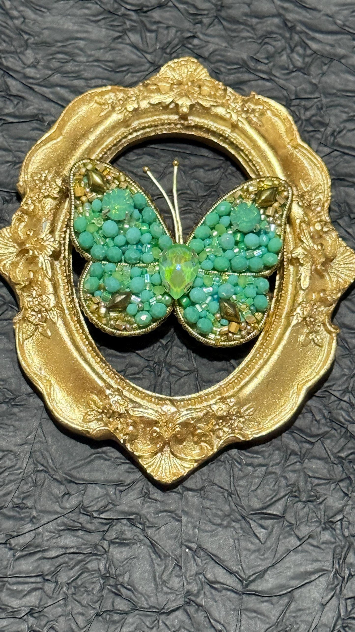 Handmade Green Crystal Butterfly Brooch: Beaded Statement Pin