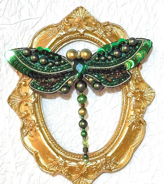 Handmade Green Dragonfly Brooch: Beaded Crystal Insect Pin