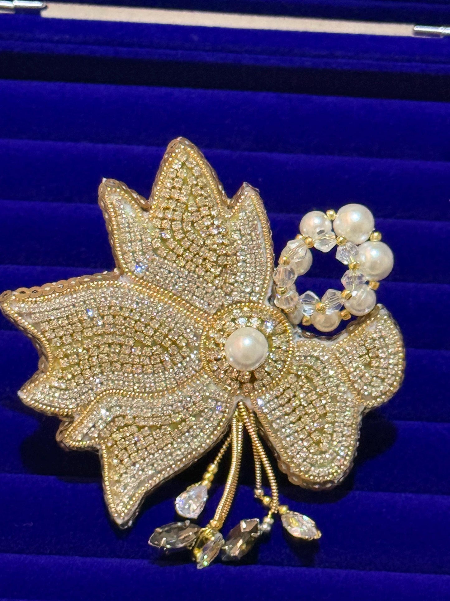 Handmade Beaded Maple Leaf Brooch | Pearl & Crystal Pin