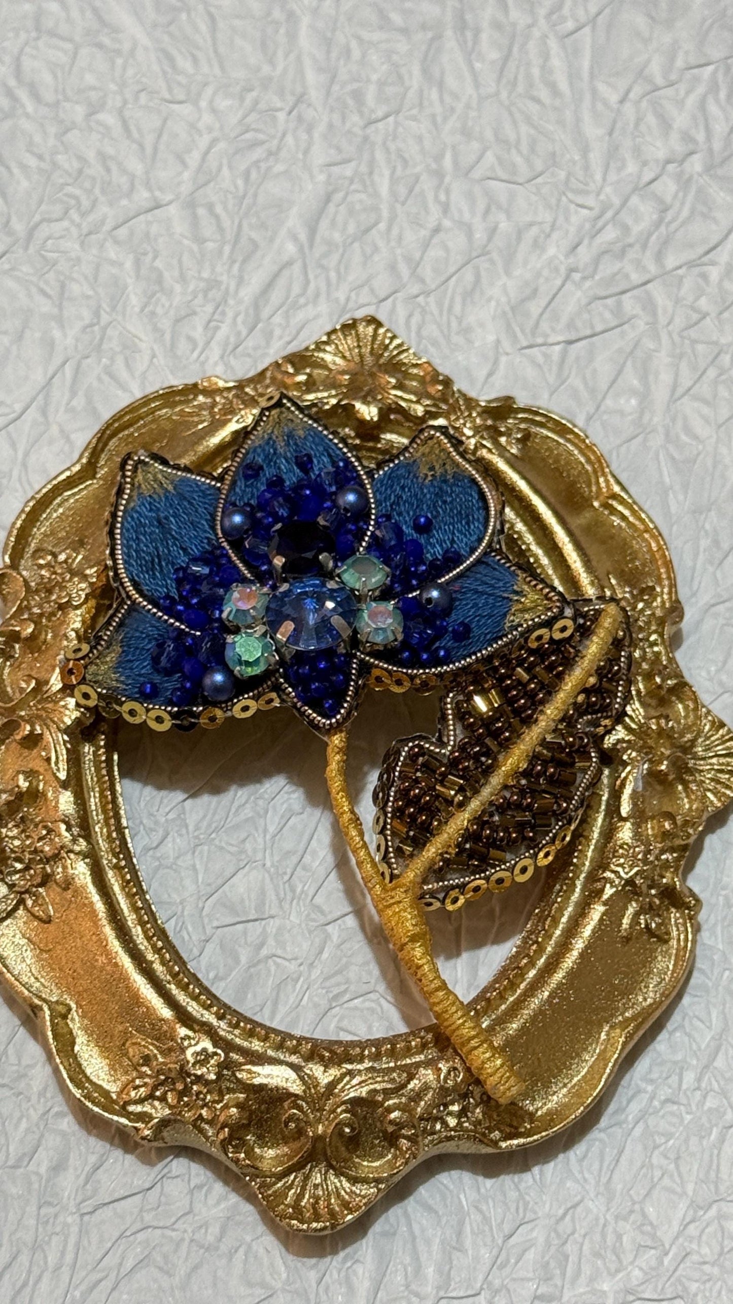 Handmade Blue Lotus Brooch: Beaded Floral Pin with Gold Frame