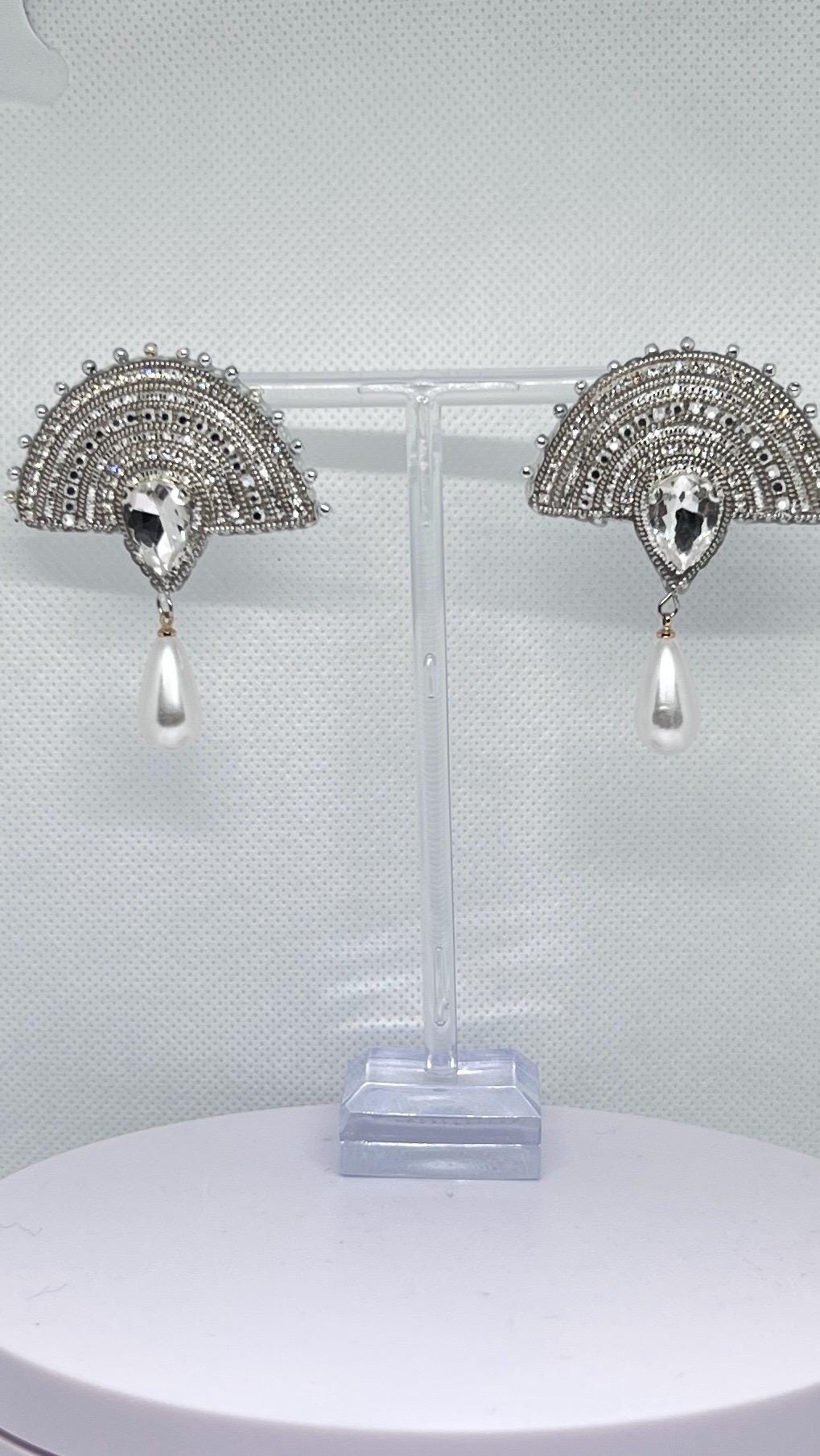 Handmade Pearl Fan Earrings: Crystal Bridal Drop Jewelry