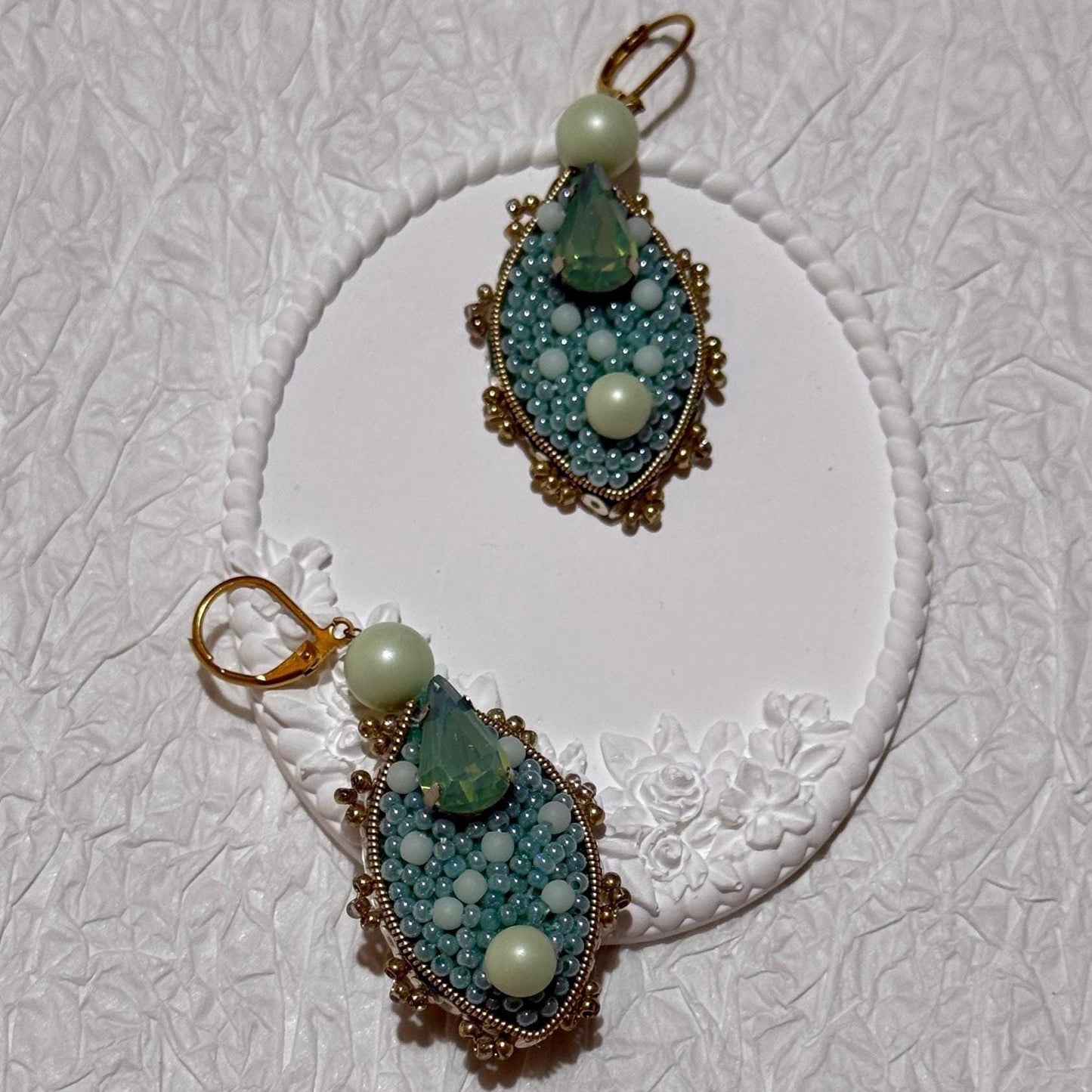Handmade Beaded Dangle Earrings: Green Swarovski Crystals & Glass Pearls