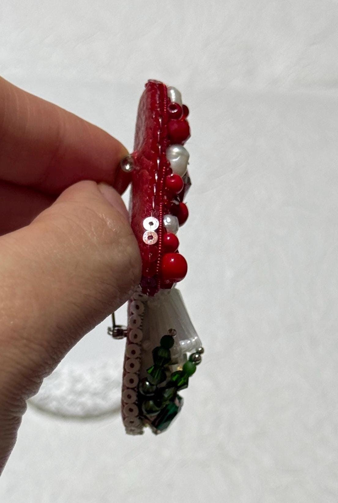 Handmade Beaded Mushroom Brooch: Pearl & Crystal Toadstool Pin