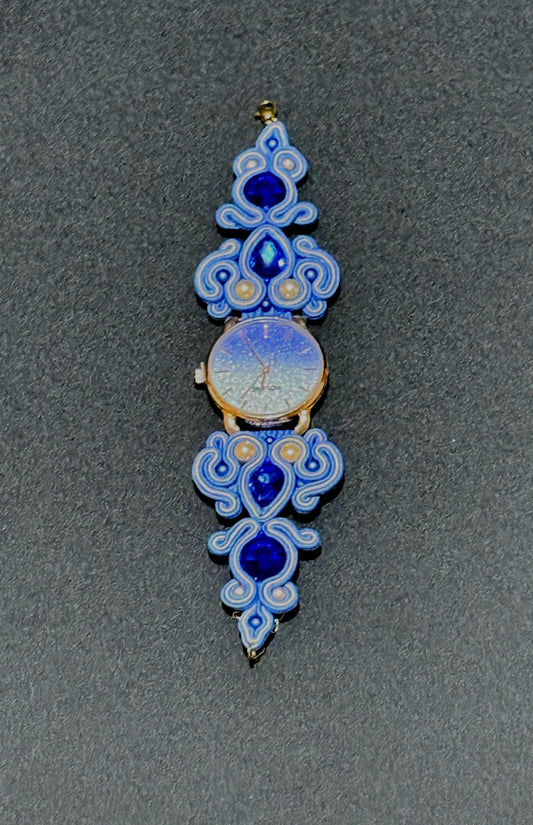 Handmade Soutache Watch: Blue Crystal Beaded Bracelet, Adjustable Strap