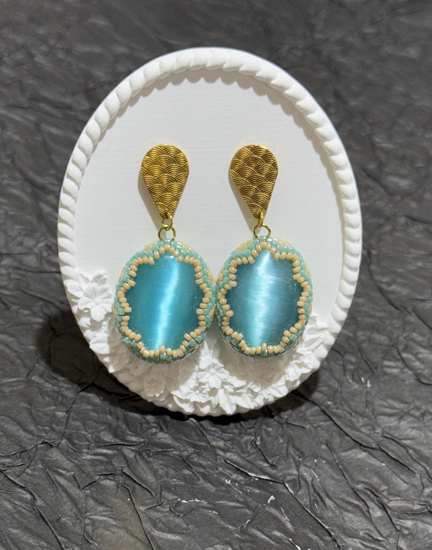 Gold-Plated Blue Cat Eye Earrings | Handcrafted Beaded Jewelry