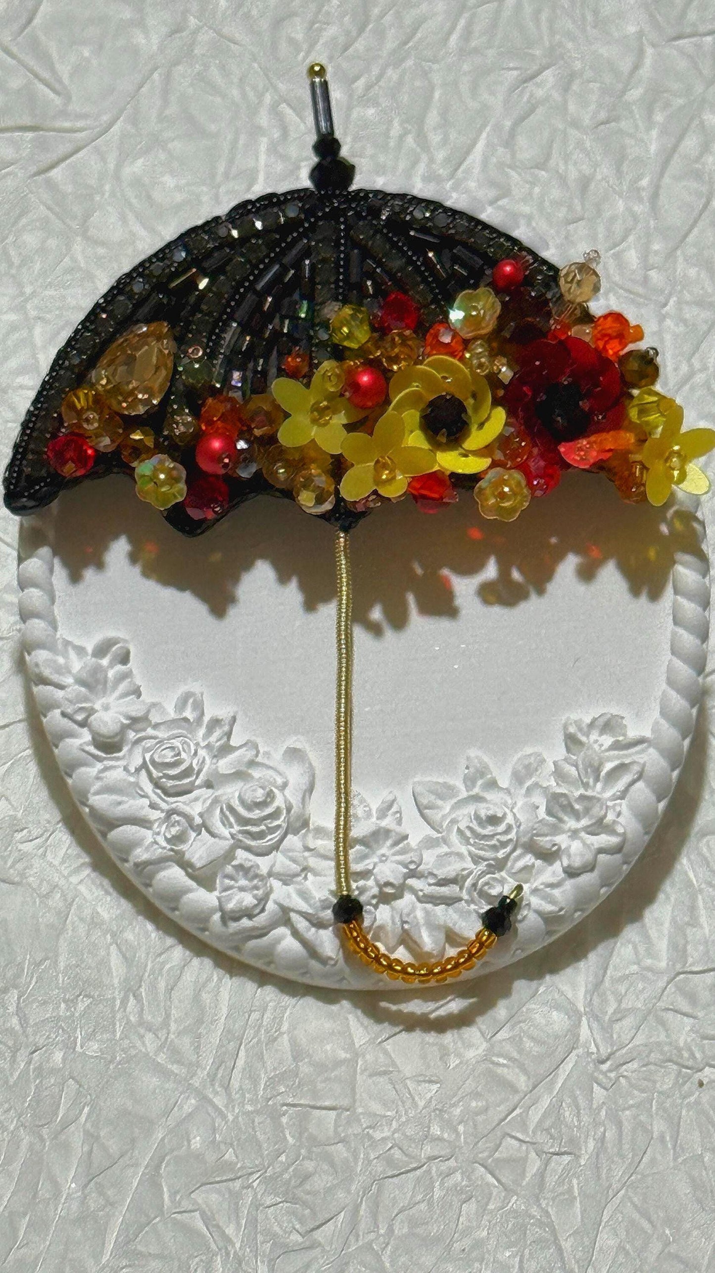 Handmade Beaded Umbrella Brooch: Floral Jewelry Pin with Yellow & Red Accents