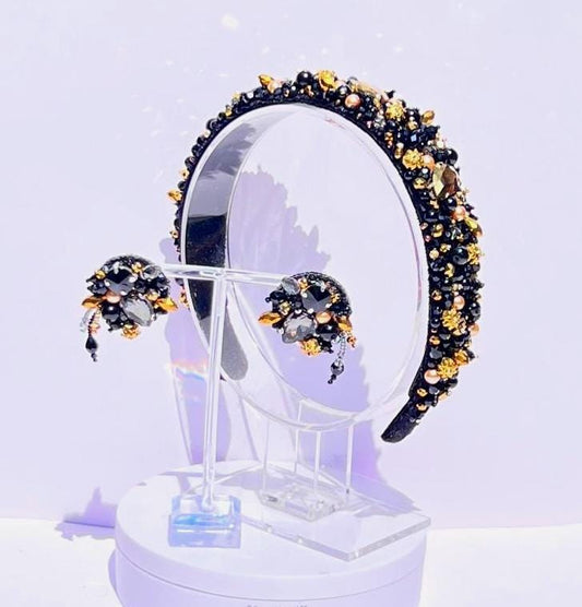 Black & Gold Beaded Headband and Earrings Set: Handmade Crystal Jewelry