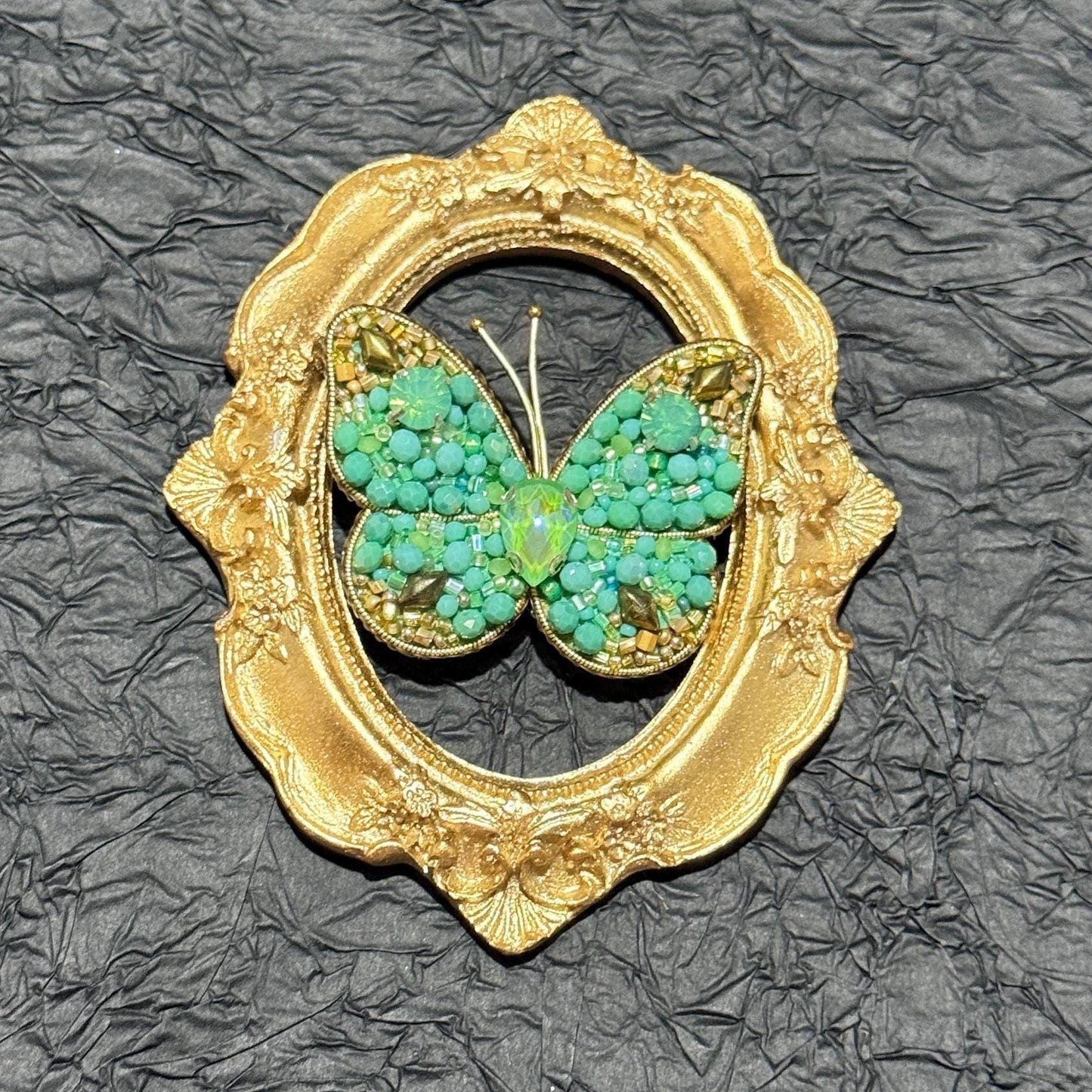 Handmade Green Crystal Butterfly Brooch: Beaded Statement Pin