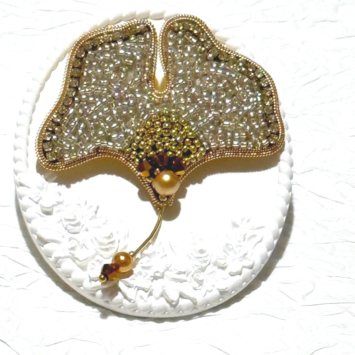 Ginkgo Leaf Beaded Brooch – Handcrafted Statement Pin