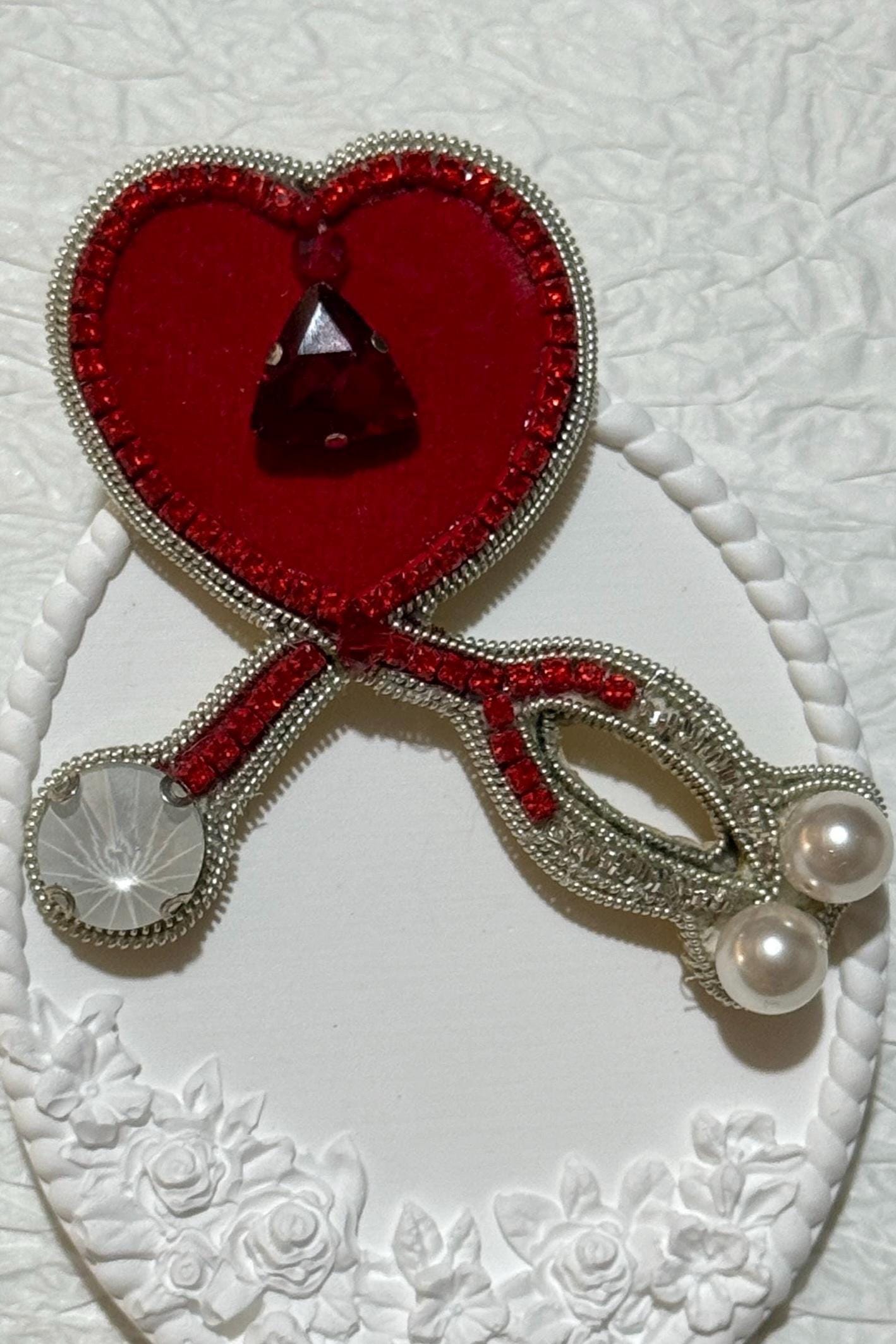 Handmade Beaded Stethoscope Brooch: Red Heart Medical Pin