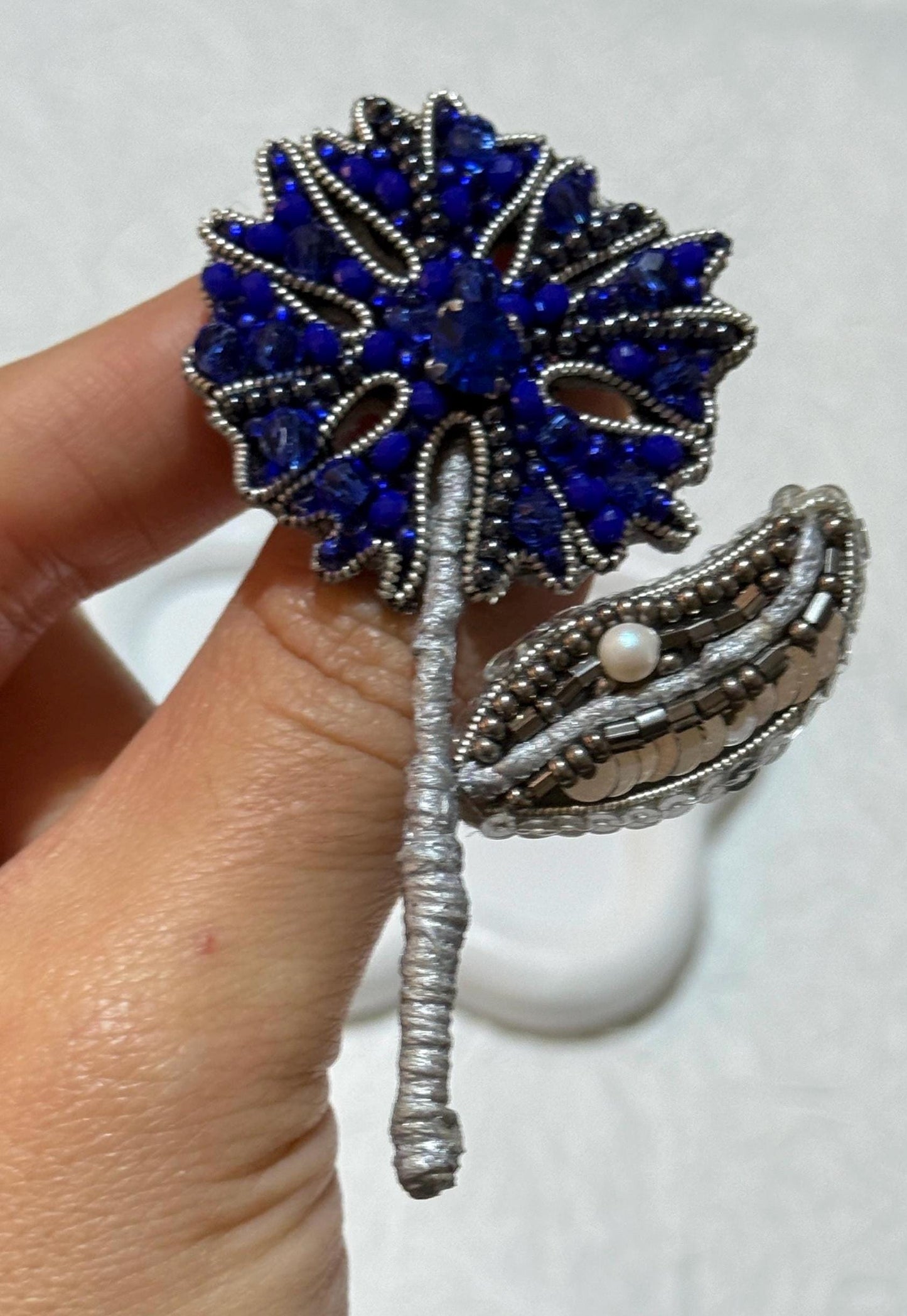 Handcrafted Blue Crystal Floral Brooch - Elegant Beaded Flower Pin