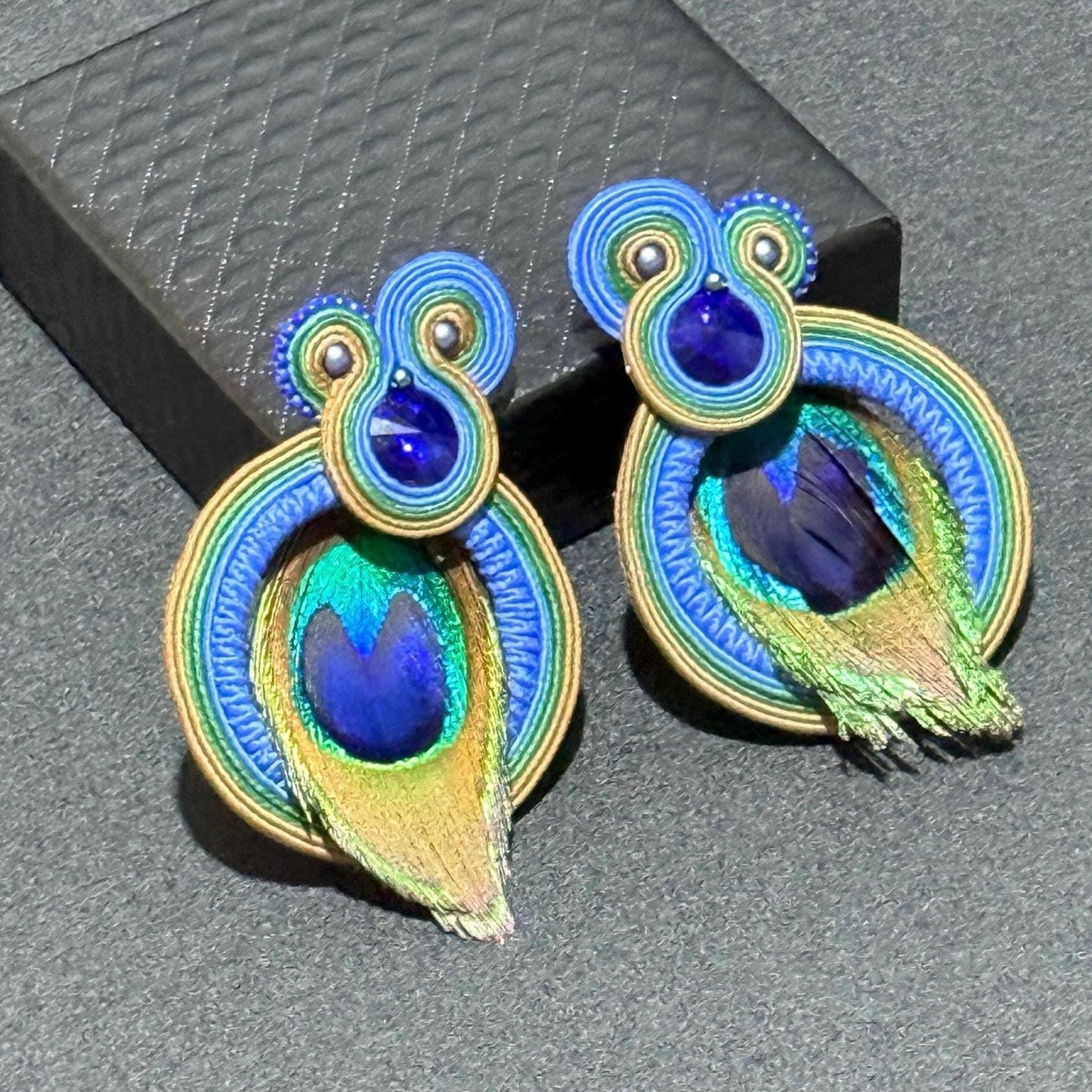 Handmade Peacock Feather Earrings: Soutache Bohemian Jewelry