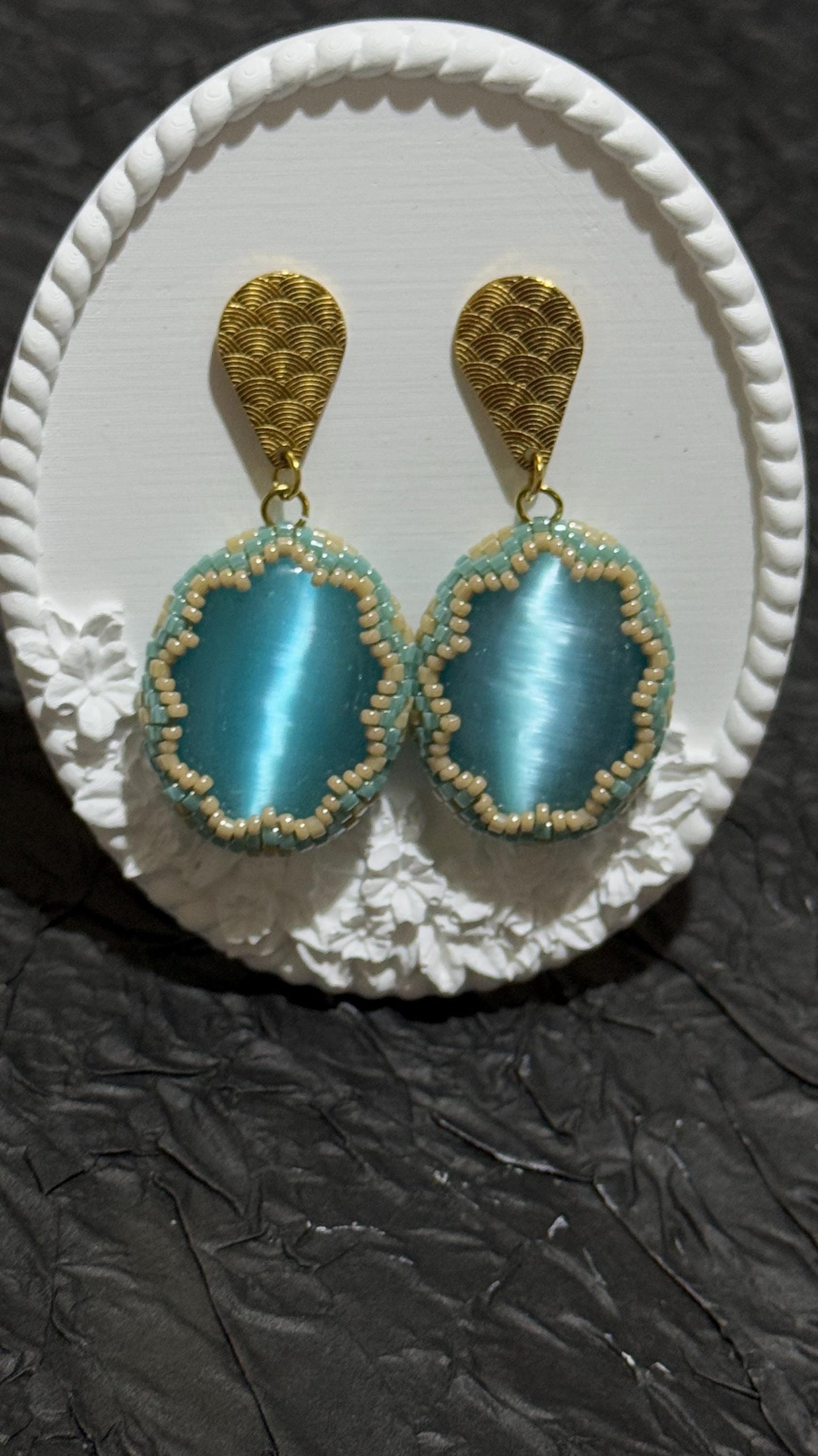 Gold-Plated Blue Cat Eye Earrings | Handcrafted Beaded Jewelry