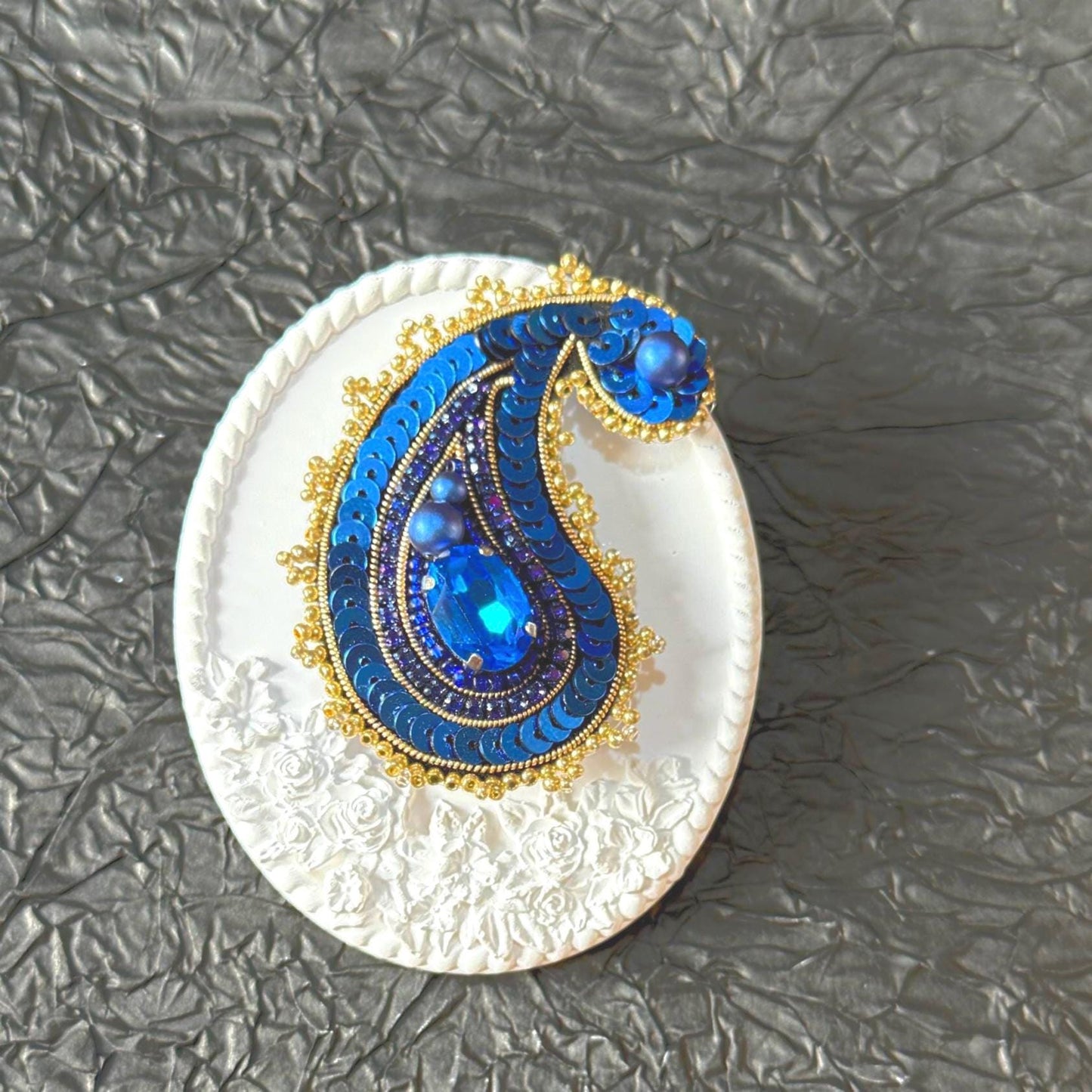 Handmade Blue Paisley Brooch: Beaded Indian Style Statement Pin
