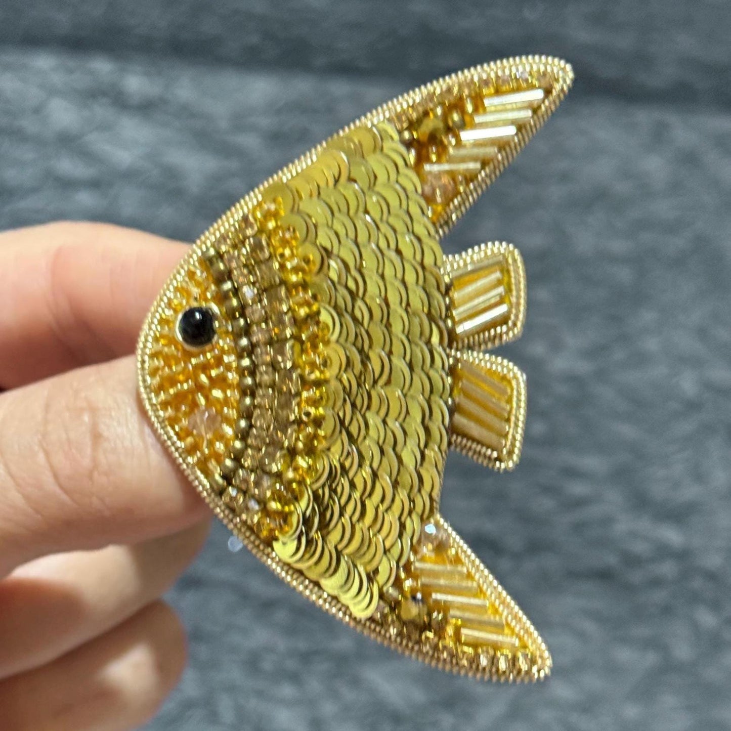 Handmade Beaded Fish Brooch: Gold Sequin Statement Pin