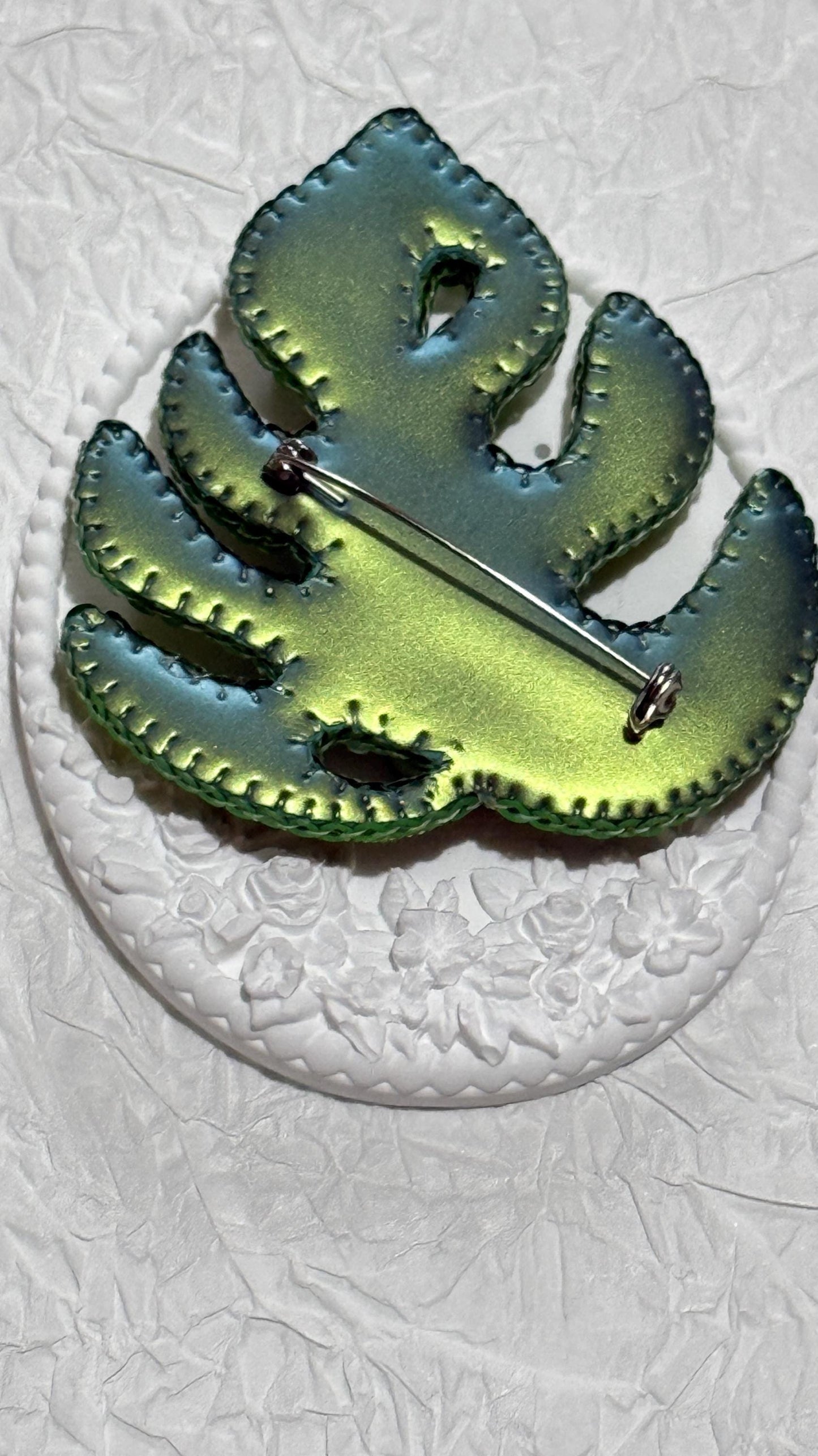 Handmade Green Leaf Brooch: Beaded Crystal Jungle Plant Pin