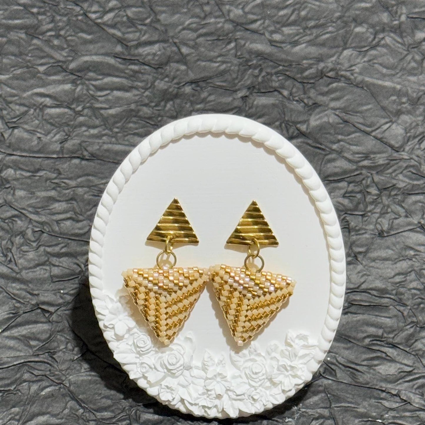 Handmade Beaded Triangle Dangle Earrings: Gold Geometric Statement