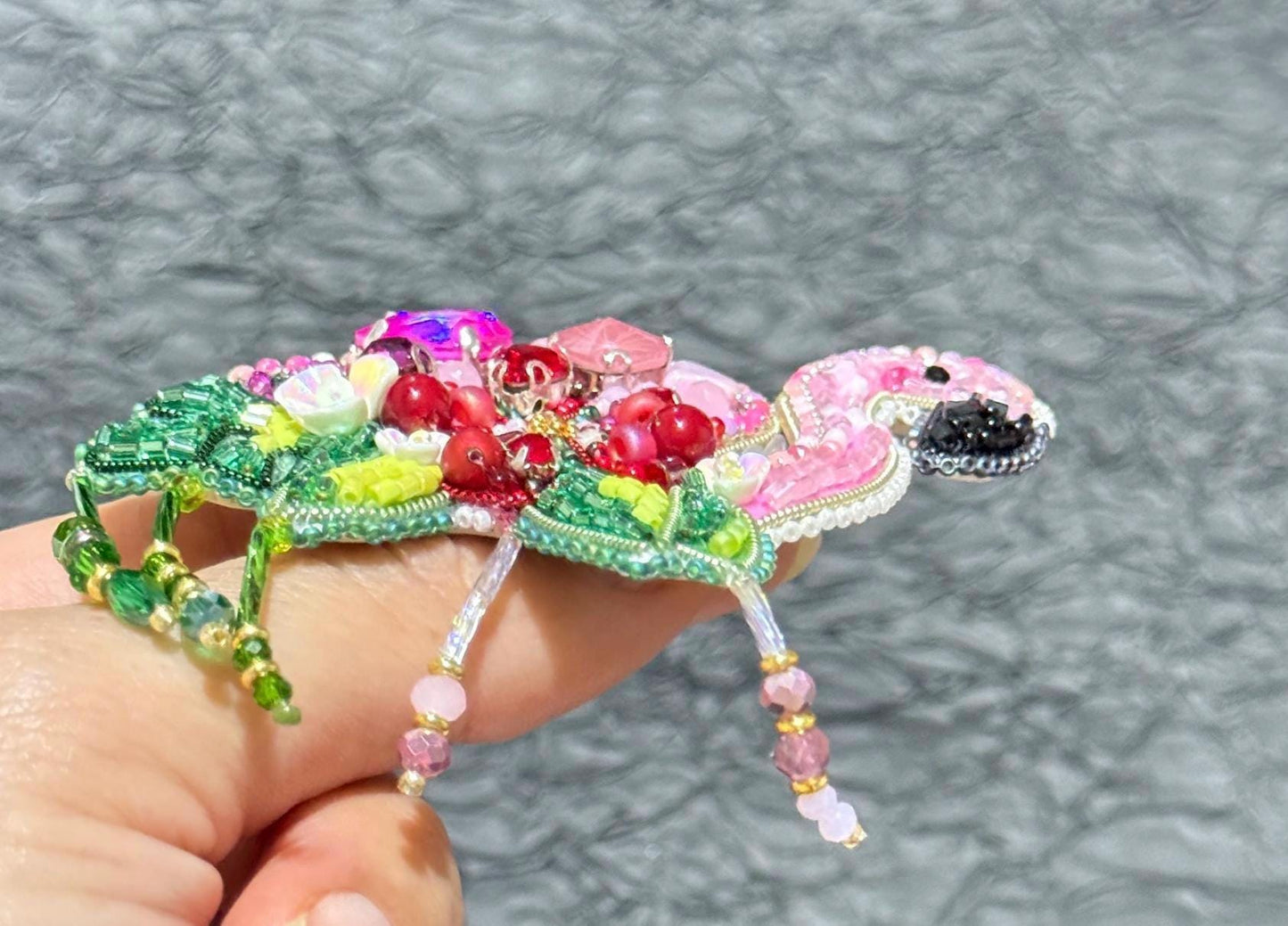 Handmade Beaded Flamingo Brooch: Pink Bird Pin, Tropical Jewelry