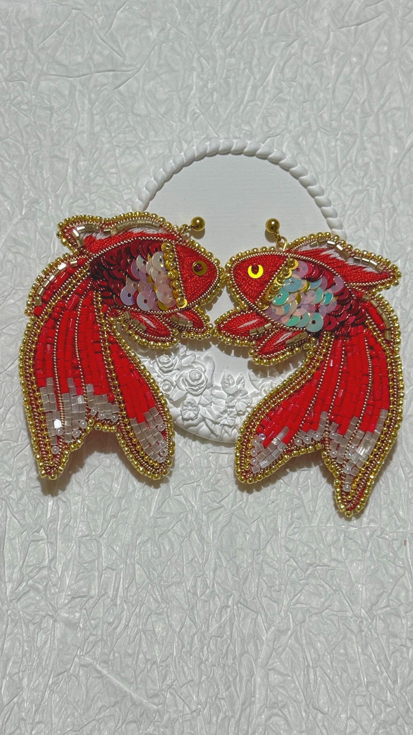Handmade Beaded Goldfish Earrings: Red Sequin Statement Jewelry