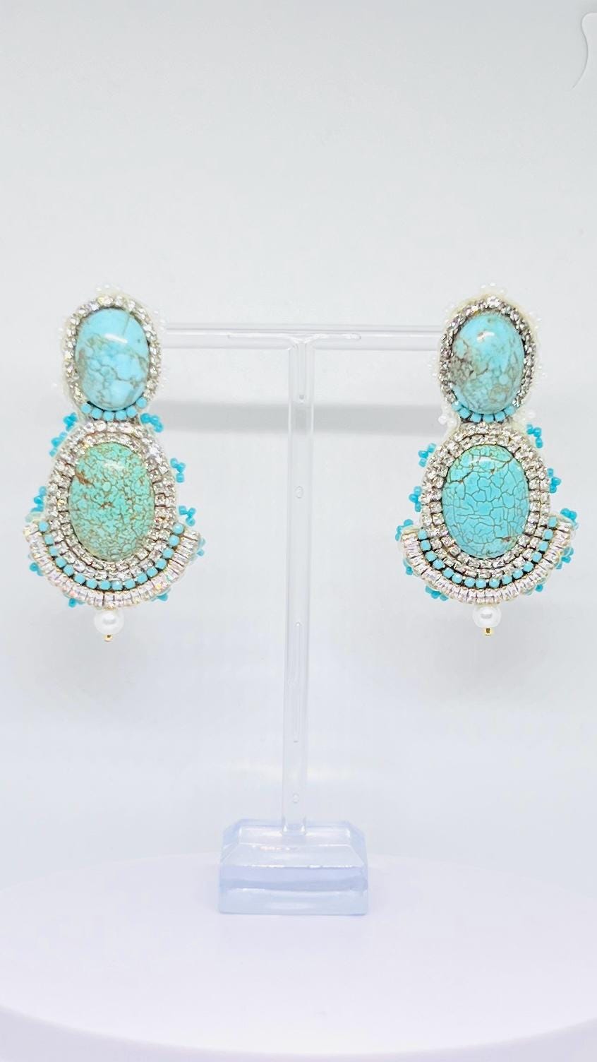 Turquoise Gemstone Statement Earrings - Hand-Beaded Crystal Drop Dangle Earrings