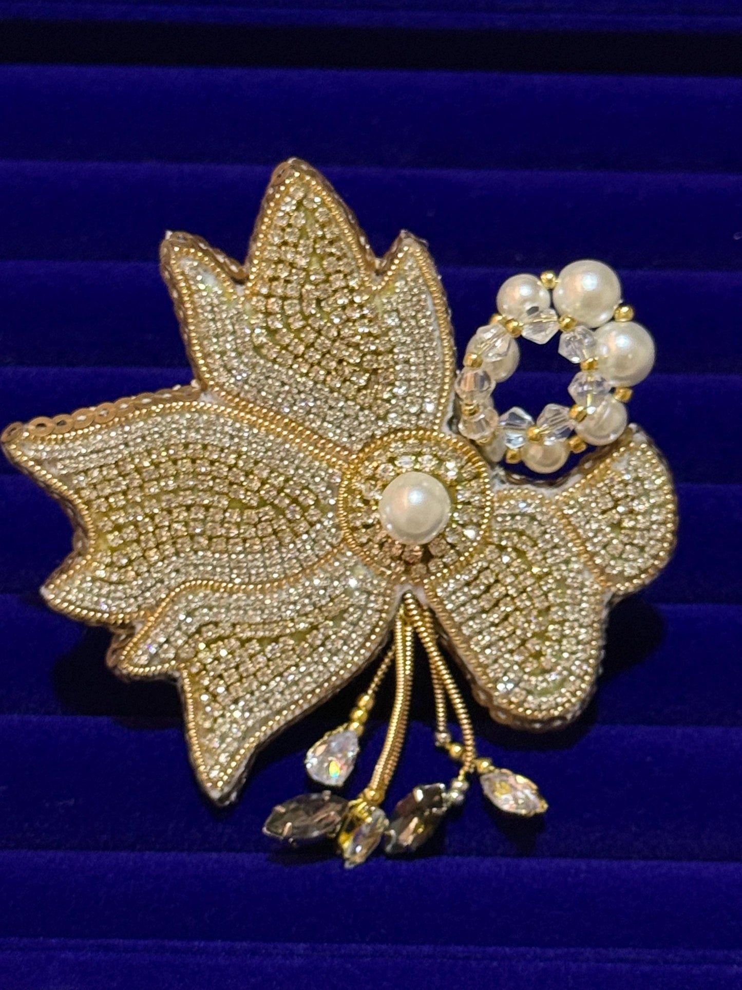 Handmade Beaded Maple Leaf Brooch | Pearl & Crystal Pin
