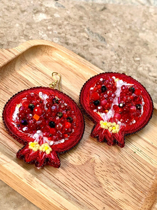 Handmade Beaded Pomegranate Earrings: Statement Fruit Jewelry