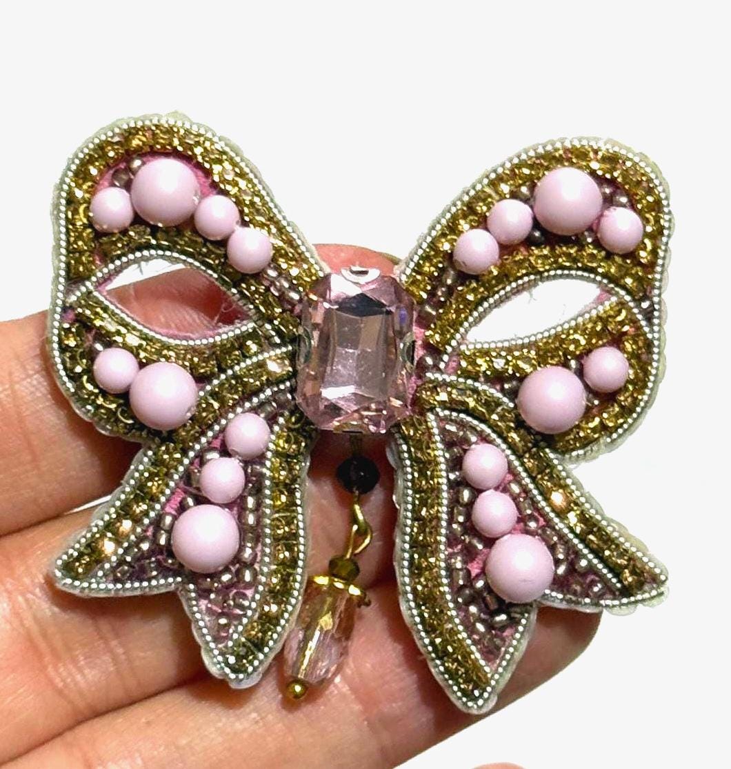Handmade Pink Bow Brooch: Beaded Crystals & Pearls, Statement Jewelry